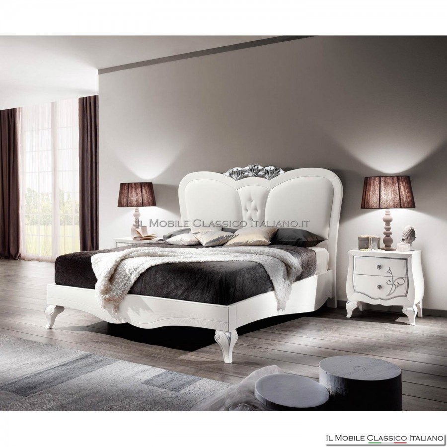 Modern upholstered bed in white lacquered ash