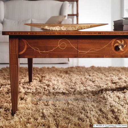 Rectangular coffee table with drawer in Walnut and Bois de Rose with inlay cod. 595