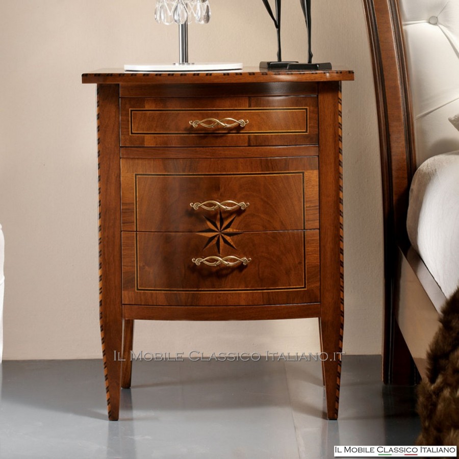 Shaped and inlaid walnut bedside tables