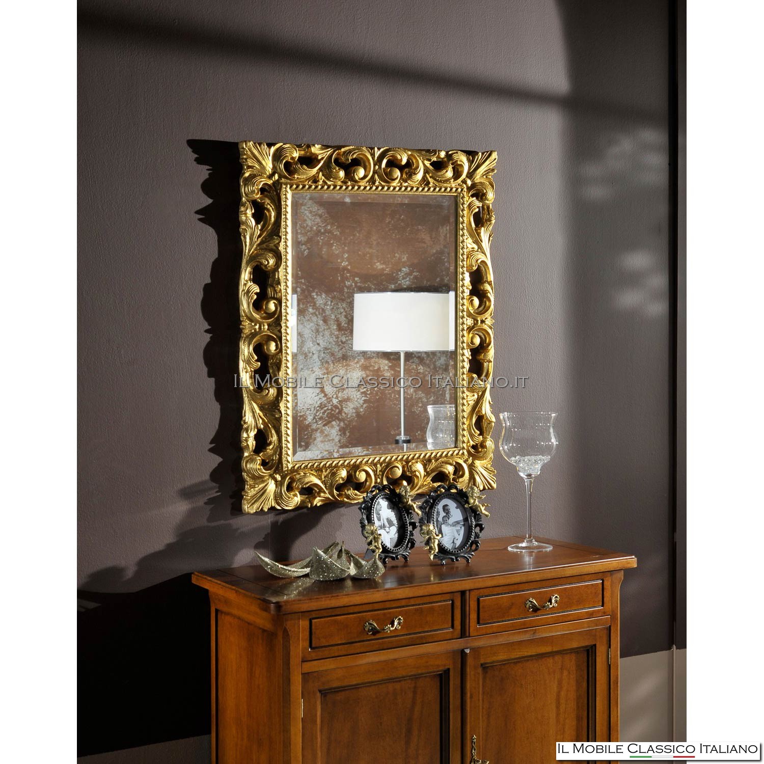 Specchio con cornice barocca artigianale con intarsi in legno